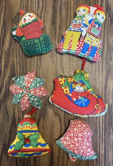 Vintage Handmade Christmas Ornaments Stitched Stuffed Fabric Set of 6
