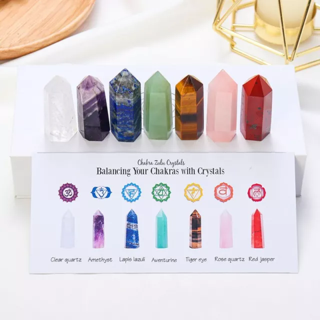 Natural 7 Chakra Healing Crystal Point Wand Reiki Quartz Stone Obelisk Set + Box