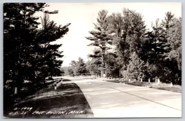 Port Austin Michigan~US Route 25 Through Wooded Area RPPC 1940s