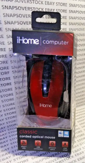Ihome Computer Classic Usb Corded Red/Black Color Optical Mouse, New, Free Ship