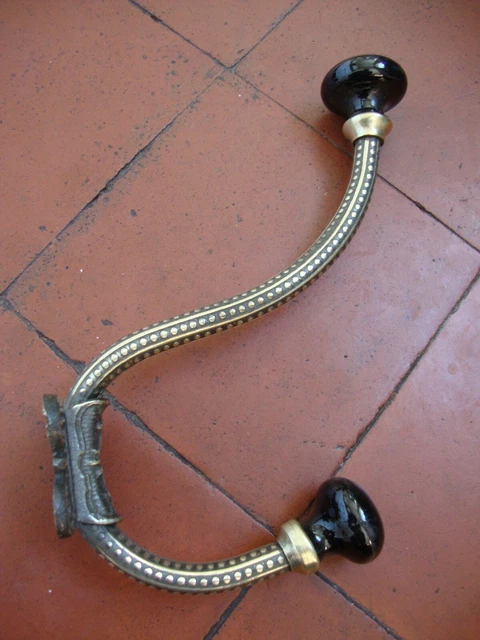 Antique large brass and porcelain coat hook