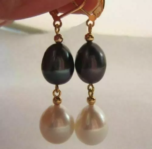 Natural AAA++ 10-12mm South Sea White Black Pearl Earrings 14k Gold P