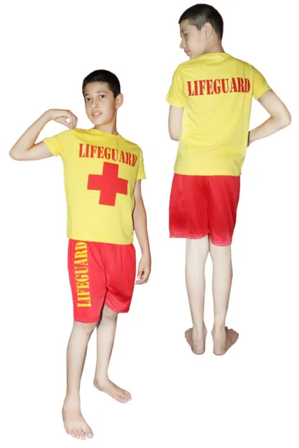 Kids Beach Boy Red Yellow Life Guard Costume Fancy Dress Shirt Knicker Short Set