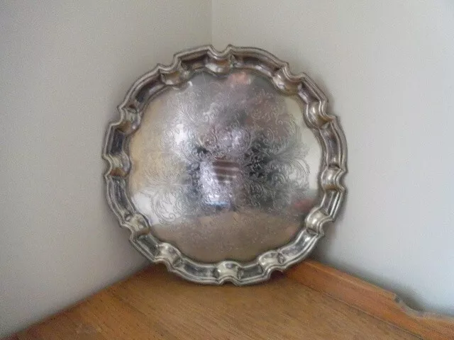 Vintage Silver Plated drinks tray serving round 12" dia leaf decorat by Cavalier