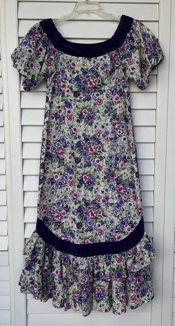 Princess Kaiulani Purple Pansy Print Victorian Prairie Maxi Dress~Size 8~EUC