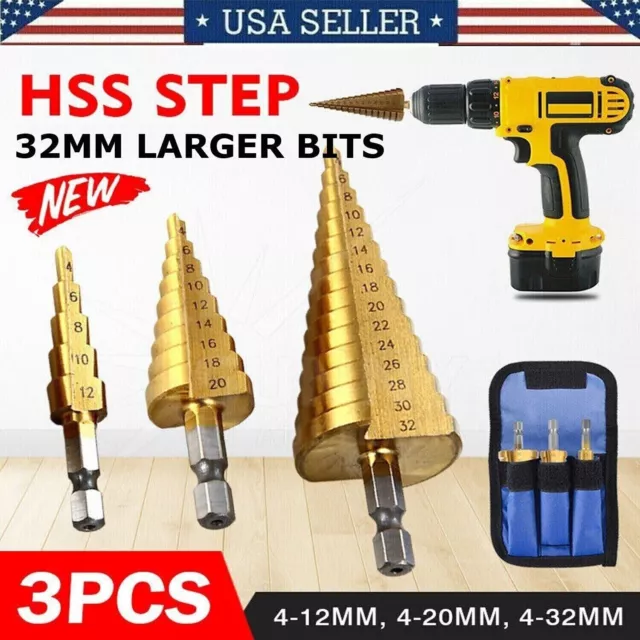 3Pcs Drill Bit Set Titanium Nitride Coated Steel Step Quick Change 1/4 Shank HSS