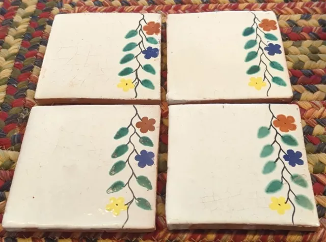 4 Hand Painted Vintage Terracotta Tile Backsplash Mexican Folk Art Crafts 4x4"