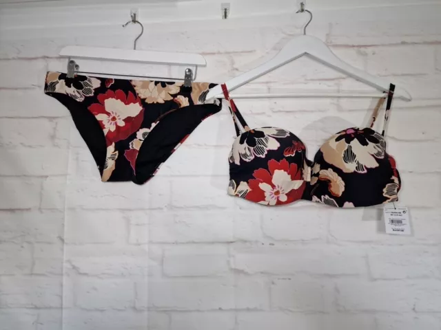 Next Bikini Size 14 Black Red Floral Padded Underwire Cups 38C Swimwear Beach