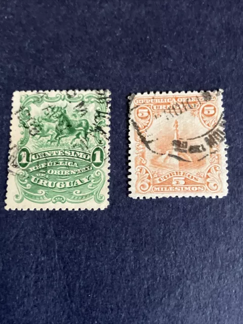 Uruguay 2 Briefmarken Gestempelt ca. 1900, Stier und Denkmal