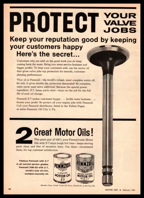 1961 Pennzoil 10-W Motor Oil With Z-7 "Protect Your Valve Jobs" Vintage Print Ad