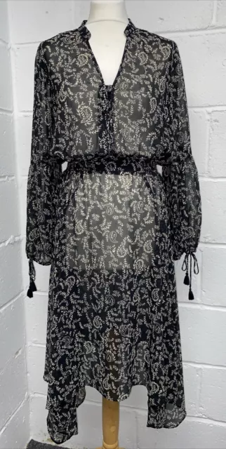Neuwertig Samt durchsichtig schwarz-weiß Paisley-Druck langärmeliges Kleid Größe 12er-Pack