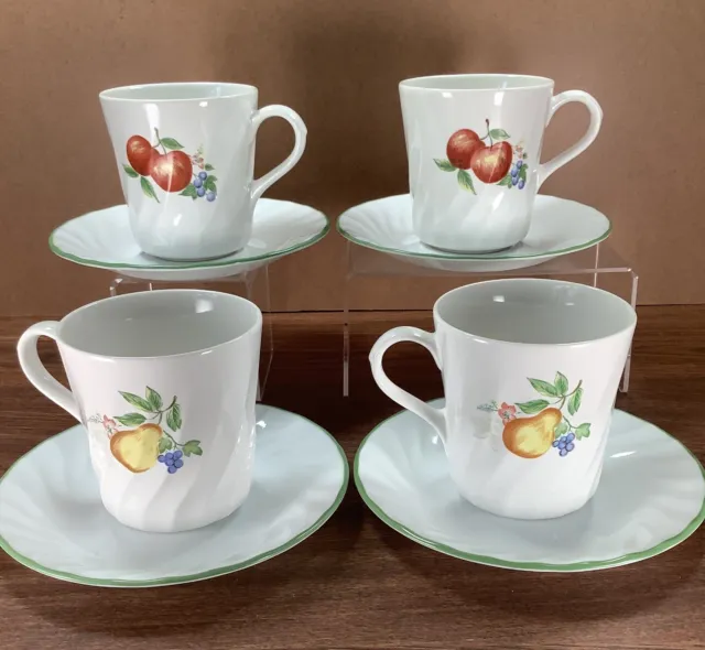 Corelle Mugs / Cups & Saucers -4 Sets- CHUTNEY Fruit White Swirl 3.5" Excellent!