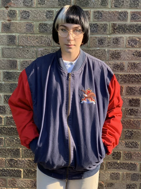 Giacca bomber Budwieiser vintage rossa e blu navy