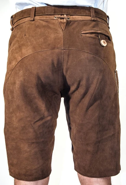 *Nuovi* pantaloni corti in pelle folcloristici da uomo in capra pelle scamosciata marrone taglia 48 3