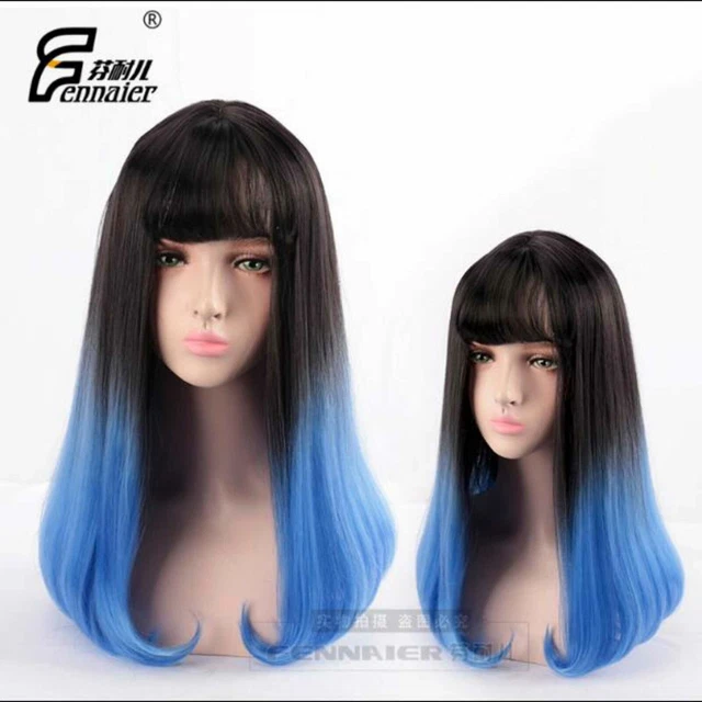 Black gradient blue lolita straight hair bang cosplay Wig Party Synthetic