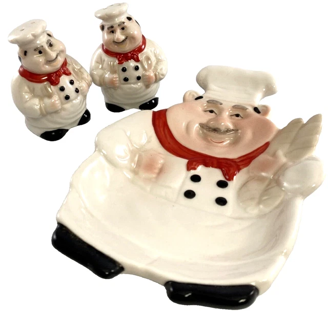 Italian Bistro Fat Chef Spoon Rest with Salt & Pepper Shakers