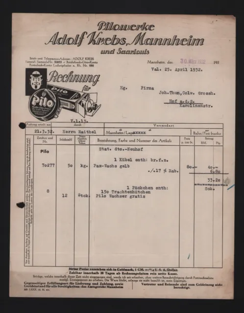 MANNHEIM, Rechnung 1932, Pilo-Werk Adolf Krebs GmbH Pax-Wachs
