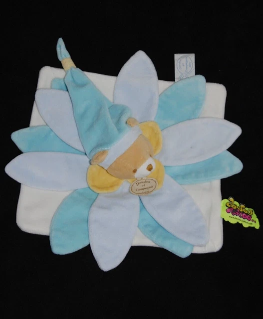 DOUDOU ET COMPAGNIE ours plat bleu 2 tons blanc jaune pétale tatoo collector