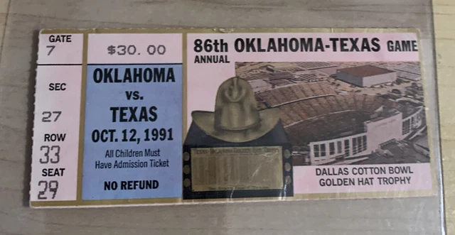 1991 Oklahoma Sooners Texas Longhorns Football Ticket Stub Cotton Bowl Dallas