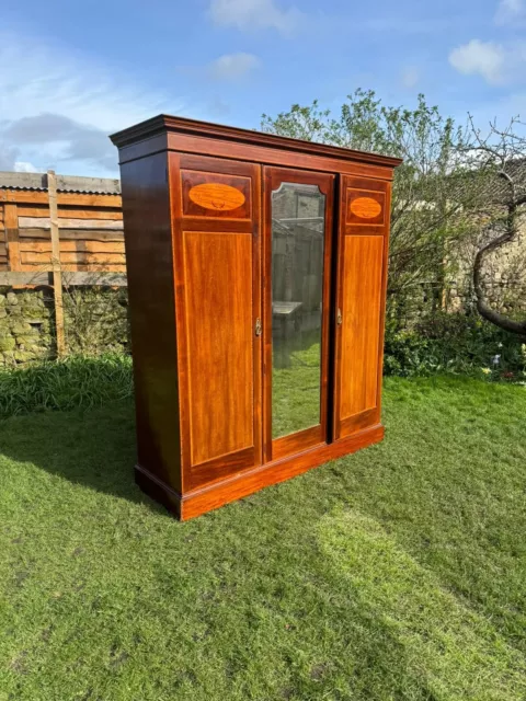 Triple Mahogany Antique Wardrobe Walnut Inlay Shelves