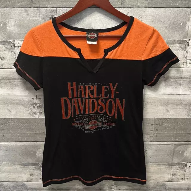 Camiseta De Mujer Harley Davidson Negra Naranja Manga Corta Cuello De Vn