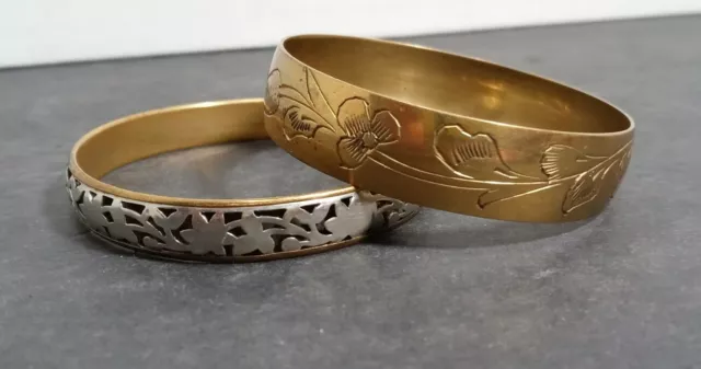 Lot of two Brass Floral Bangle Bracelets