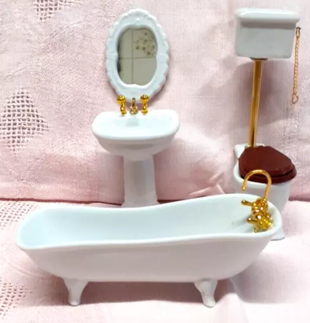 Dollhouse Bathroom Set White Floral Ceramic Tub Toilet Sink 1:12 Scale  Miniatures