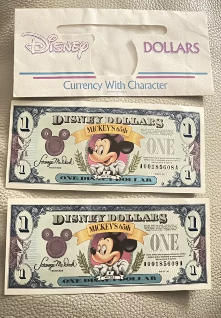 2 Disney Dollar MICKEY's TOONTOWN 65th Celebration dollar bill SERIES 1993