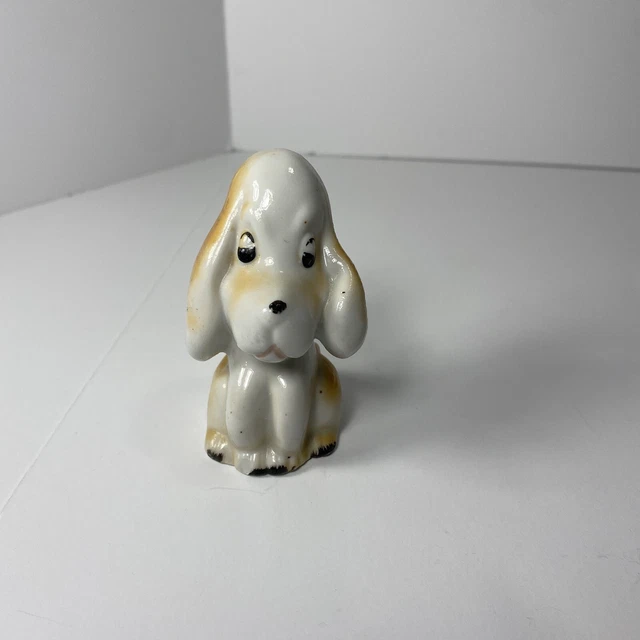 Vintage Ceramic Sitting Dog Figurine Trinket Japan White Bassett Hound? Beagle?