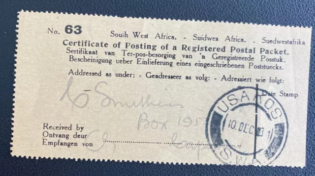 1931 Usakos South West Africa Postal Packet Parcel Receipt  Cover To Capetown