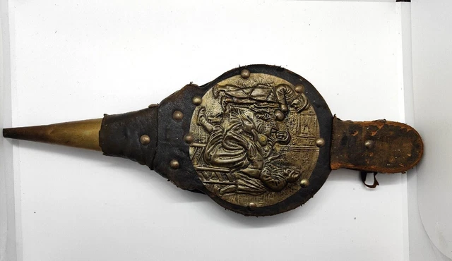Antique Dutch Brass Wood Fire Side Bellow Embossed Tavern Scene Decorative Rare