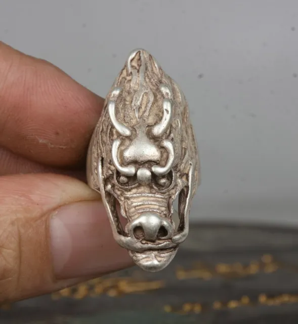 4.3Cm Chinese Old Miao Silver Dragon Head Beast Jewellery Hand Ring
