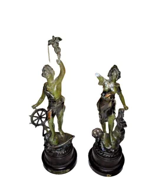 Two Antique Spelter Figurines "Industrie And Le Commerce"