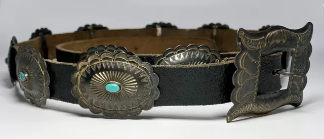 Native Navajo Sterling Silver & Turquoise 3rd Phase Leather Concho Belt Ca. 1910