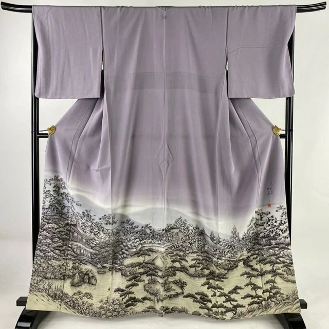 Woman Japanese Kimono Iro-Tomesode Silk Crest Kinkakuji Temple Light Purple 風彩染