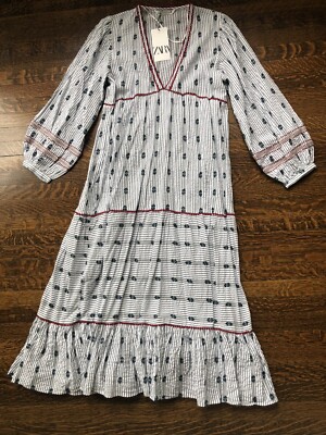 NWT ZARA Maxi Dress Striped Flowy S $69.90 Blue Grey Red White