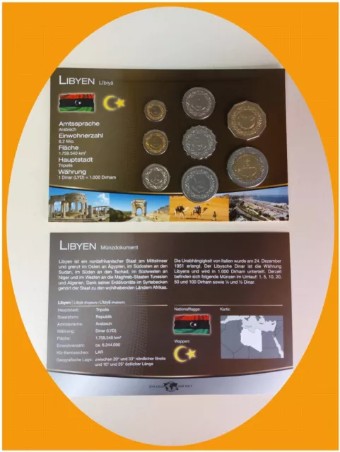 DAS GELD DER WELT Libyen (Dinar) KMS + Münzdokument 8 Münzen selten TOP