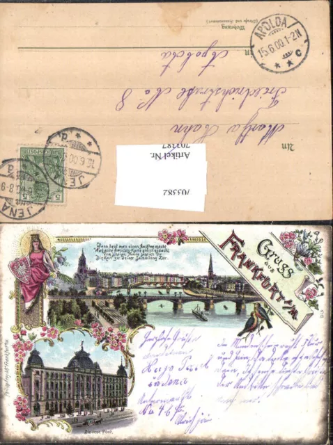 Lithographie Frankfurt am Main Wappen Frau Brücke Post Postamt Stp. Apolda
