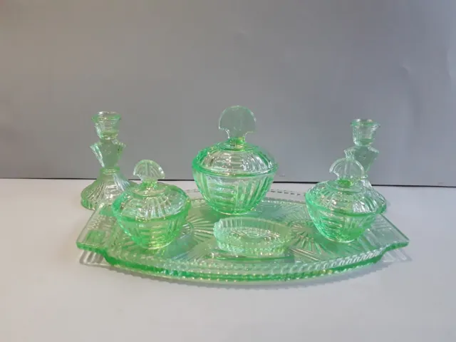 art deco green glass dressing table set