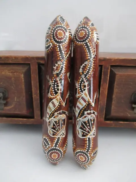 Vintage Pair Australian Aboriginal Clap Sticks Hand Painted Dot Art Work