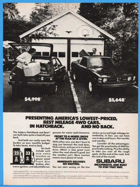 1980 Subaru 4WD Hatchback and Brat vintage magazine car photo print ad