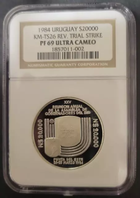 RARE **TRIAL STRIKE** 1984 Uruguay Silver 20,000 Pesos KM-TS26 REVERSE NGC PF69