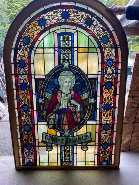 Beautiful Antique Stained Glass Window Of Christ From A Closed Church - Cmc45
