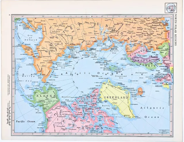 ARCTIC REGION NORTH POLE 1955 MAP Original Alaska Siberia Greenland