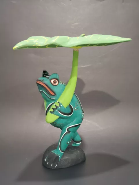 Vintage Hand Pained Carved Wooden FROG WITH LILY PAD UMBRELLA - Indonesia