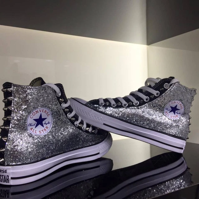 Converse all Star Nere personalizzate con tessuto Glitter argento Clean borchie