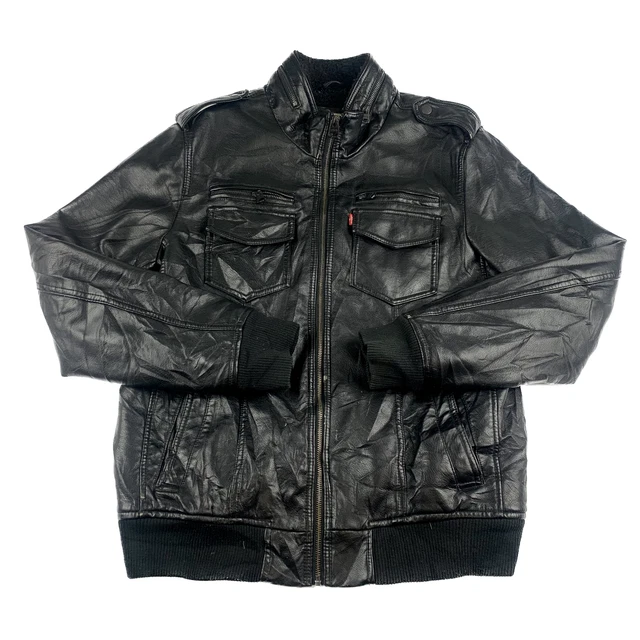 Levis Mens Faux Leather Jacket Sherpa Lined Bomber Black Full Zip Size M