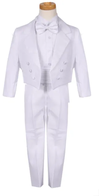 Boys Tailed Penguin White Tuxedo suit Satin fancy wedding Bow tie vest pants