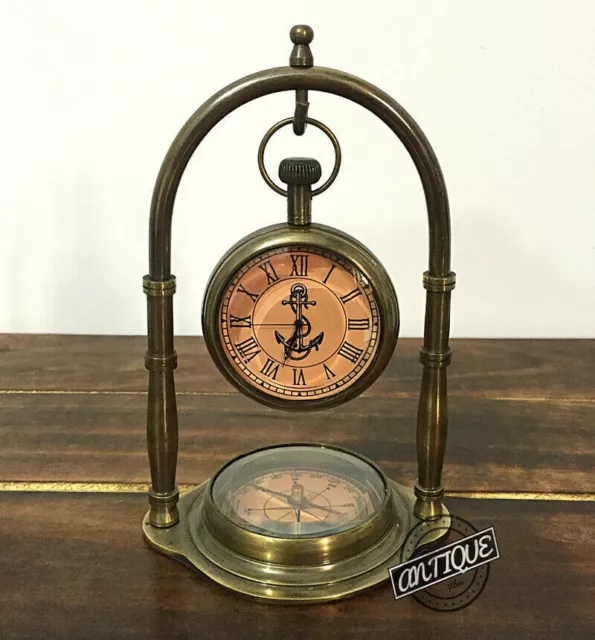 Victorian Vintage Desk Clock with Compass Brass Theme Christmas Shelf/Mantle