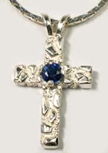 19th Siècle Ancien Sapphire Gemme En Argent Argenté Croix Pendentif